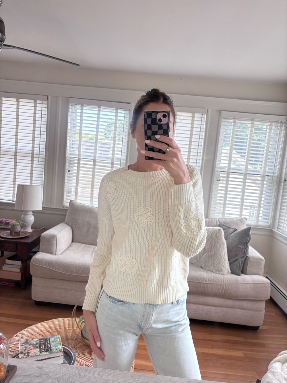 Laura Ashley Floral Appliqué Sweater – Size Small – Cream Cotton Blend